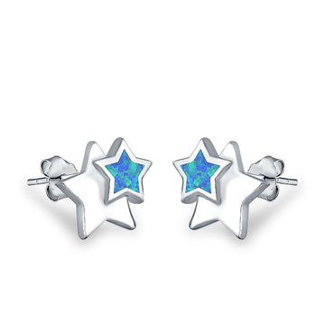 Stars Stud Earrings Lab Created Blue Opal 925 Sterling Silver (9mm)